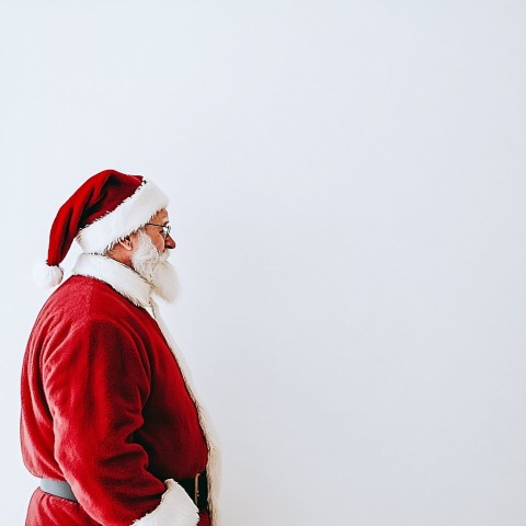 Santa Claus Peeking Around White Wall On White Background