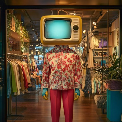 Giant TV-Head Figure in Fashion Boutique