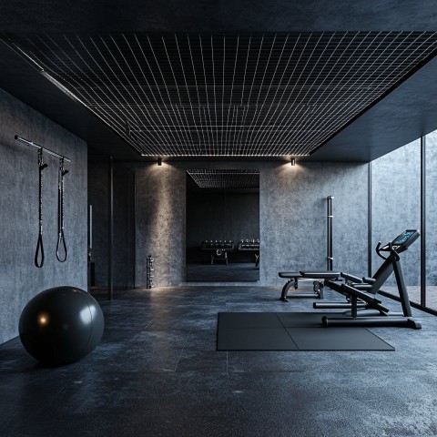 Industrial Basement Gym with Black Rubber Flooring