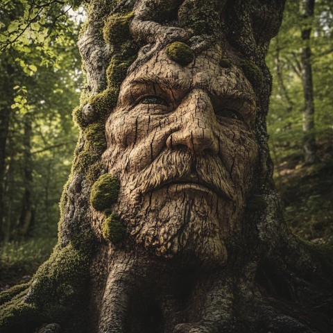 Ancient Tree with Wise Face and Mystical Forest Backdrop