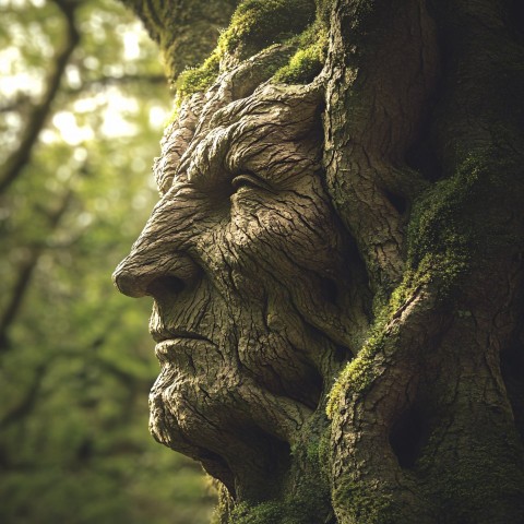 Ancient Tree with Wise Face in Mystical Forest