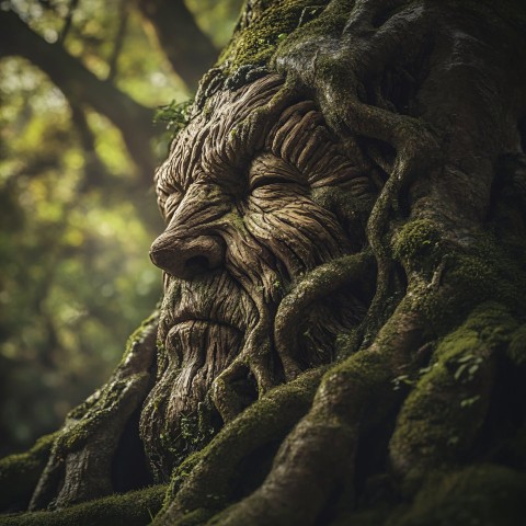 Ancient Tree with Weathered Face in Mystical Forest