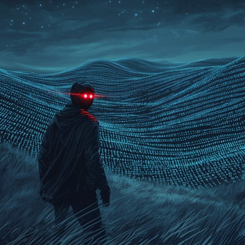 Hacker with Guy Fawkes Mask in Binary Landscape