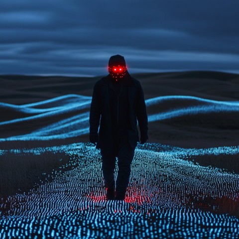 Hacker in Guy Fawkes Mask with Binary Hills