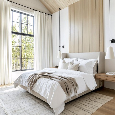 Bright Light-Filled Bedroom with Gray Upholstered Bed