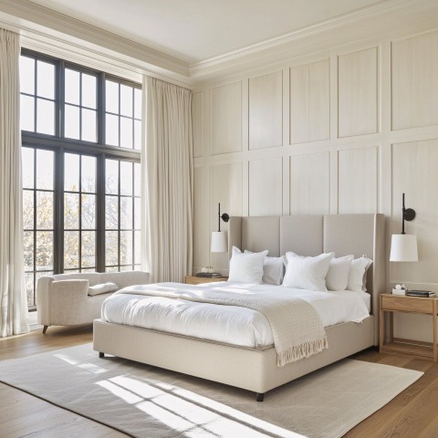 Bright Bedroom with Light Gray Upholstered Bed and Windows