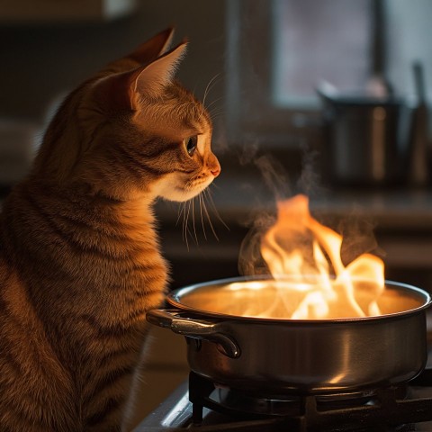 Cooking Cat Wearing Chef's Hat in Kitchen