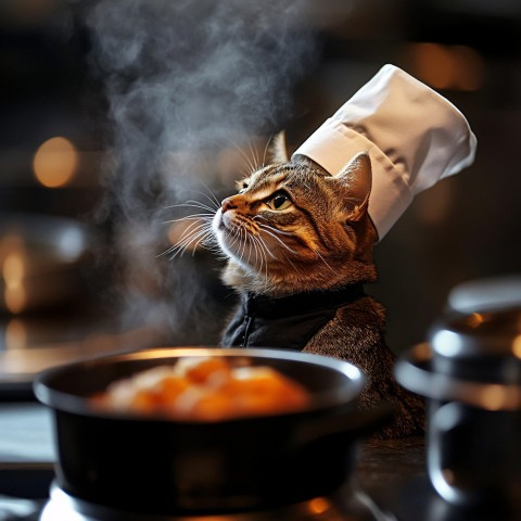 Cat Cooking in the Kitchen with Ingredients