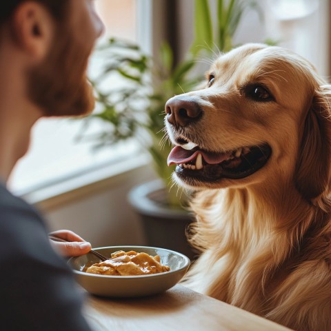 Dog Eating with Owner in a Cozy Setting