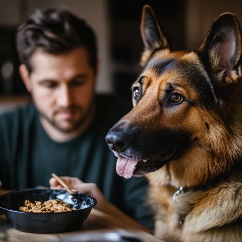 Dog Eating with Owner Sitting Nearby in Kitchen