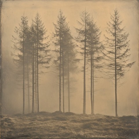 Sepia Foggy Forest Photograph in Medieval Tapestry Style