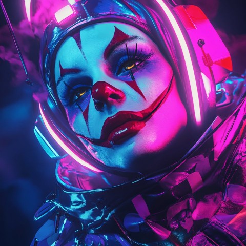 Futuristic Clown Portrait with Vibrant Neon Lights and Spacesuit