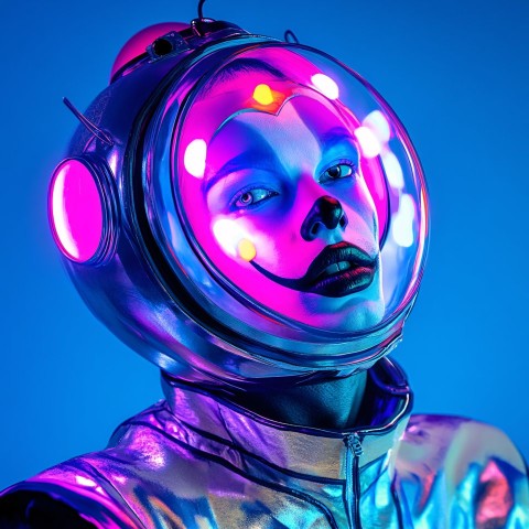 Futuristic Clown Portrait with Neon Glow and Metallic Spacesuit