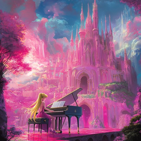 Sailor Moon Playing Piano in Pink Castle Anime Scene