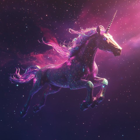 Flying Unicorn with Glitter in Starry Space Scene