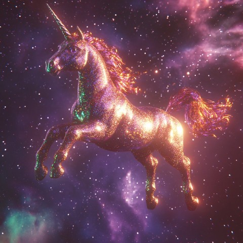 Flying Unicorn in Glittery Space with Vibrant Colors