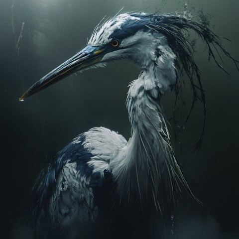 Heron with Long Tail Feathers Close-Up in Dramatic Lighting