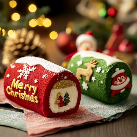 Christmas-Themed Cake Rolls with Festive Decorations