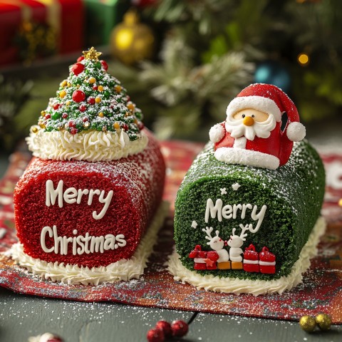 Christmas Cake Rolls with Festive Decorations and Cream