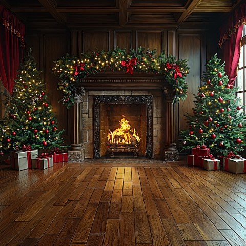 Classic Warm Wooden Room with Christmas Decorations