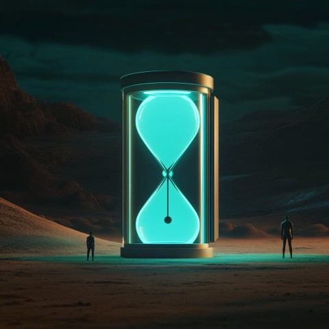 Tiny Human Facing Futuristic Hourglass in Desert Landscape