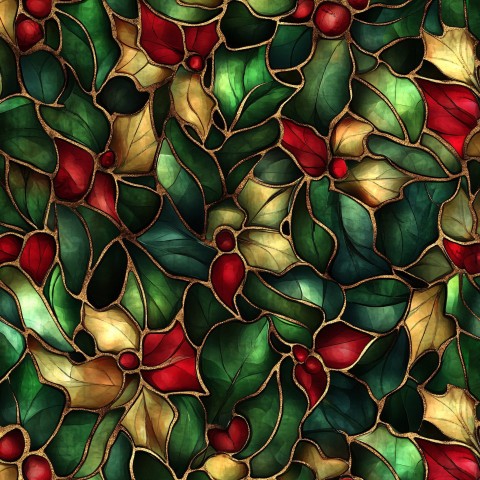 Stained Glass Holly Leaves and Berries Festive Pattern