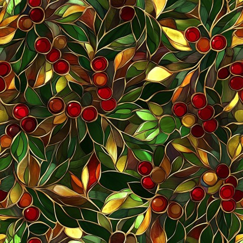 Stained Glass Holly Leaves and Berries Festive Design