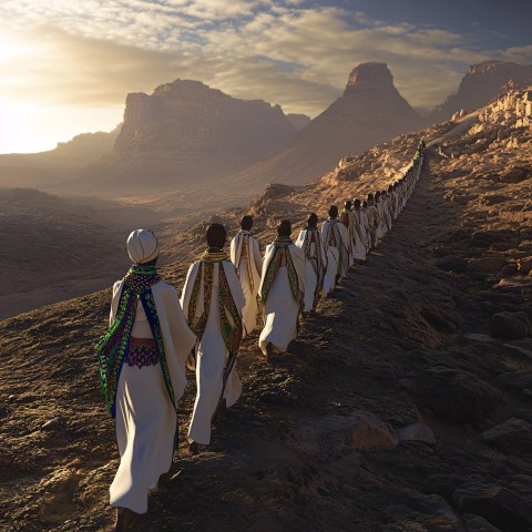 Ethiopian Figures in Embroidered Dress Across Mountains