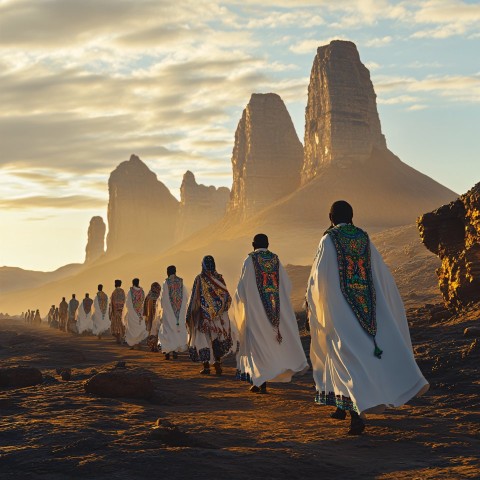 Ethiopian Procession in Embroidered Clothing at Golden Hour