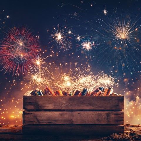 Wooden Crate with Fireworks and Night Sky Display