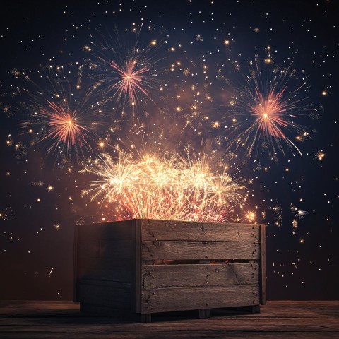 Wooden Crate of Fireworks with Night Sky Display