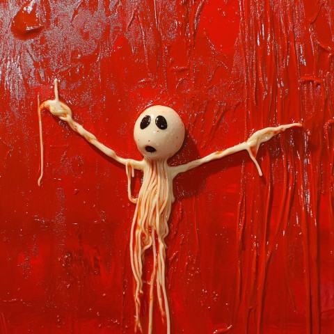 Spaghetti Man in Front of Ketchup Wall in Despair