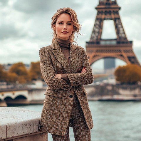 Chic Woman in Paris with Eiffel Tower Background