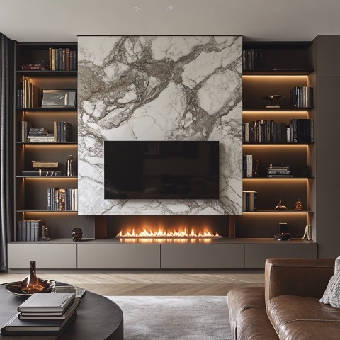 TV Wall with Marble, Bookshelves, Fireplace in Living Room