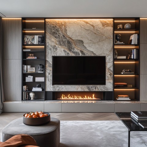 Modern TV Wall with Marble, Bookshelves, and Fireplace