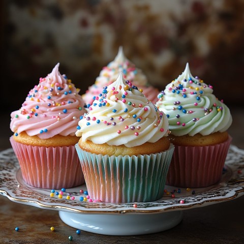 Pastel Cupcakes with Frosting and Sprinkles on Plate