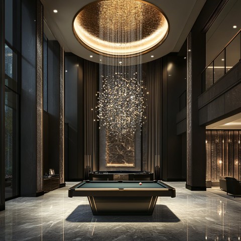 Luxurious Lobby with Pool Table and Chandelier