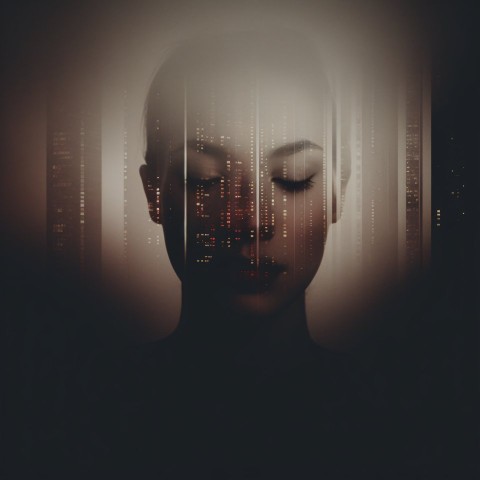 Double Exposure Portrait of Woman with City Lights