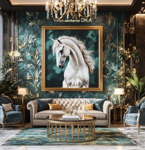 Elegant Living Room with Horse Painting and Luxurious Decor