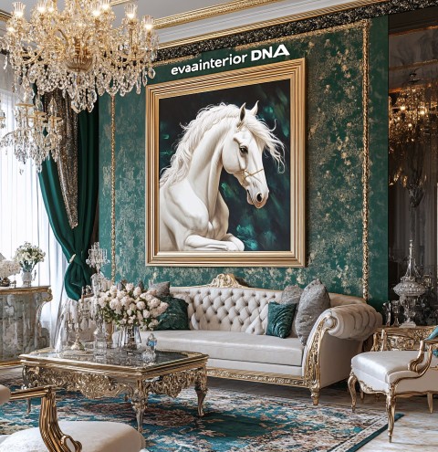 Elegant Living Room with White Horse Painting Decor