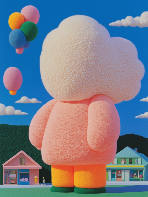 Surreal Cartoon Figure with Balloons in Vibrant Neighborhood