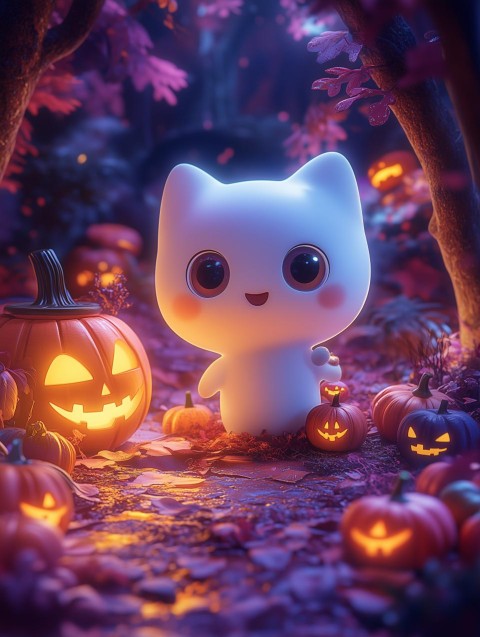 Halloween Themed Cartoon Illustration with Cute Characters