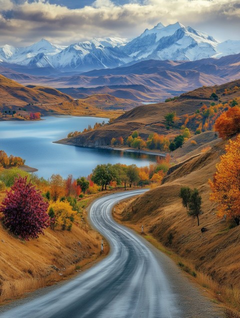 Autumn Mountain Road with Lake View