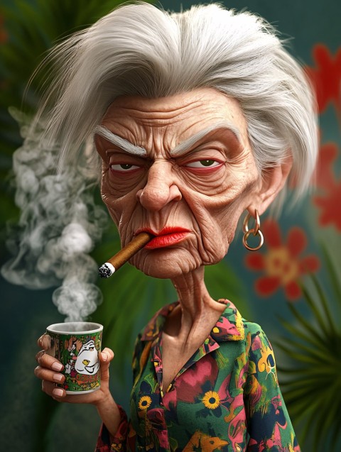 Angry Elderly Hippie Lady in Psychedelic Garden