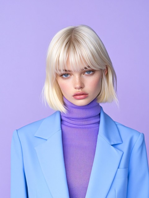 Blonde Model in Blue Blazer and Purple Sweater