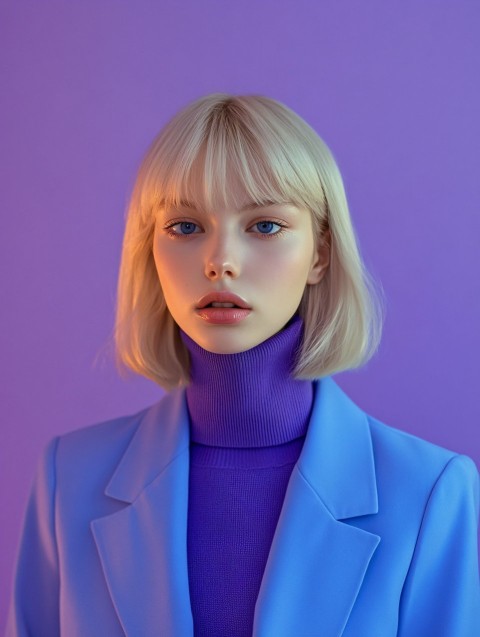 Blonde Model in Blue Blazer and Purple Sweater