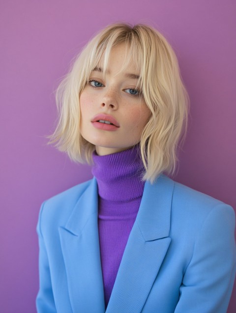 Blonde Model in Blue Blazer and Purple Sweater