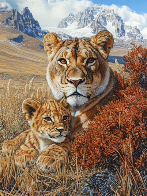 Lioness and Cub in a Fantasy Scene