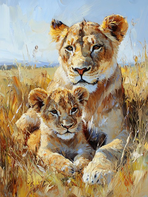 Lioness and Cub in Enchanting Landscape