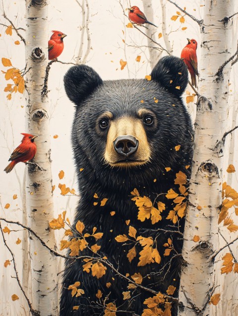 Black Bear and Red Birds by Aspen Tree